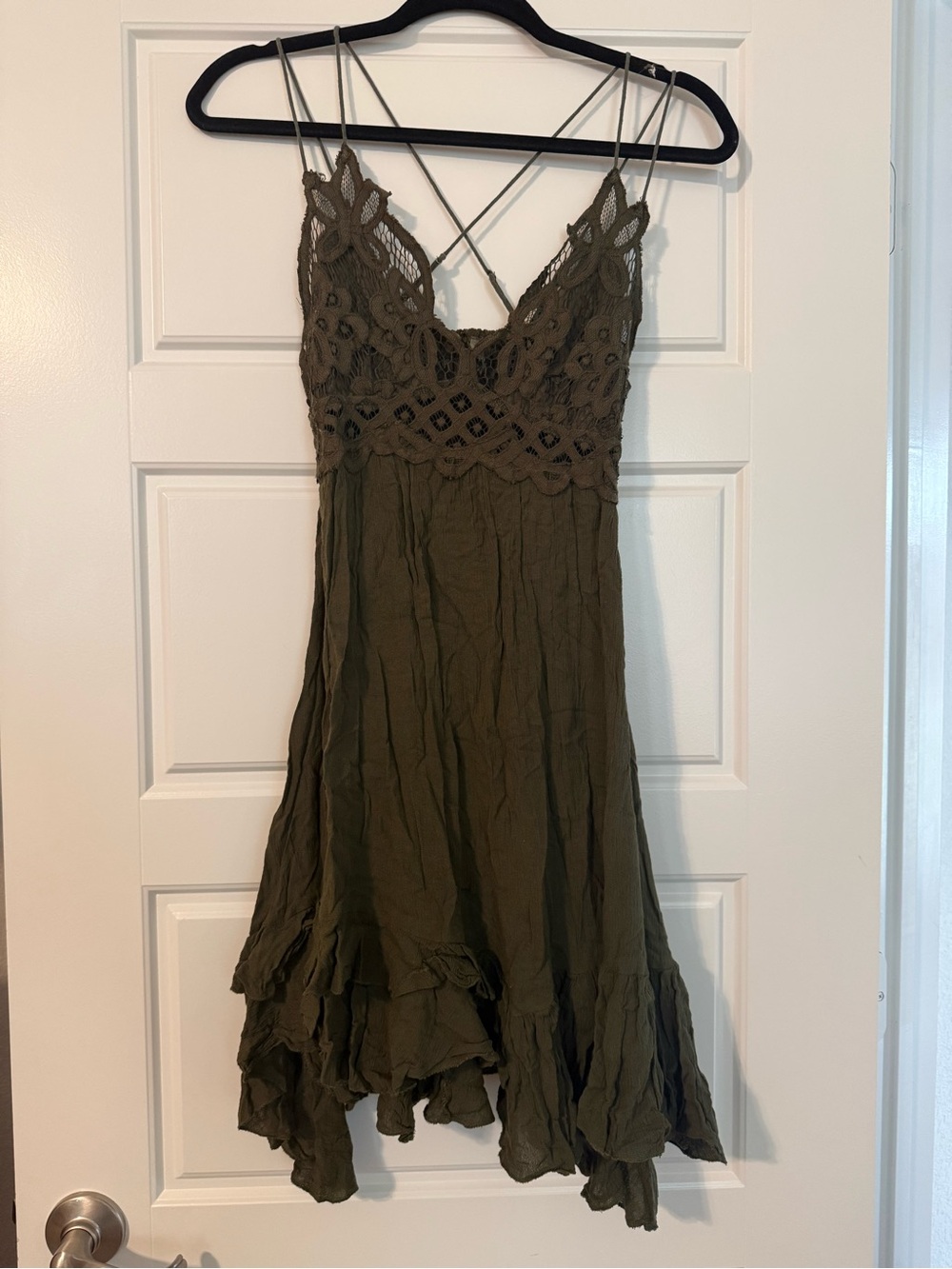 Free People Olive Green Crochet Bodice Mini Dress with Crisscross Straps